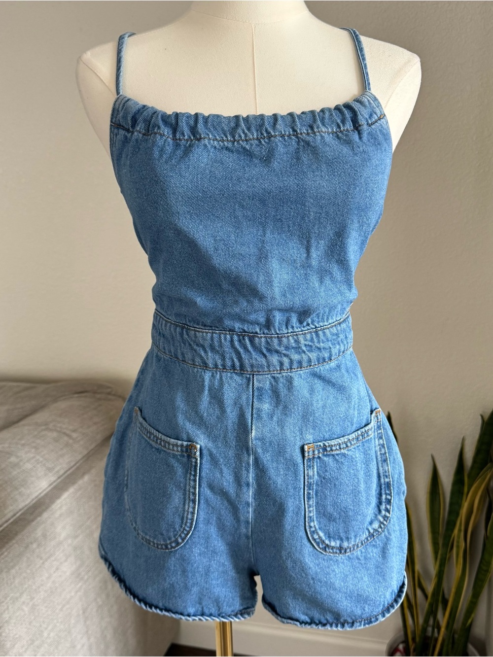 Urban Outfitters Denim Romper Small Open Back Blue Jean Shortalls Playsuit Boho